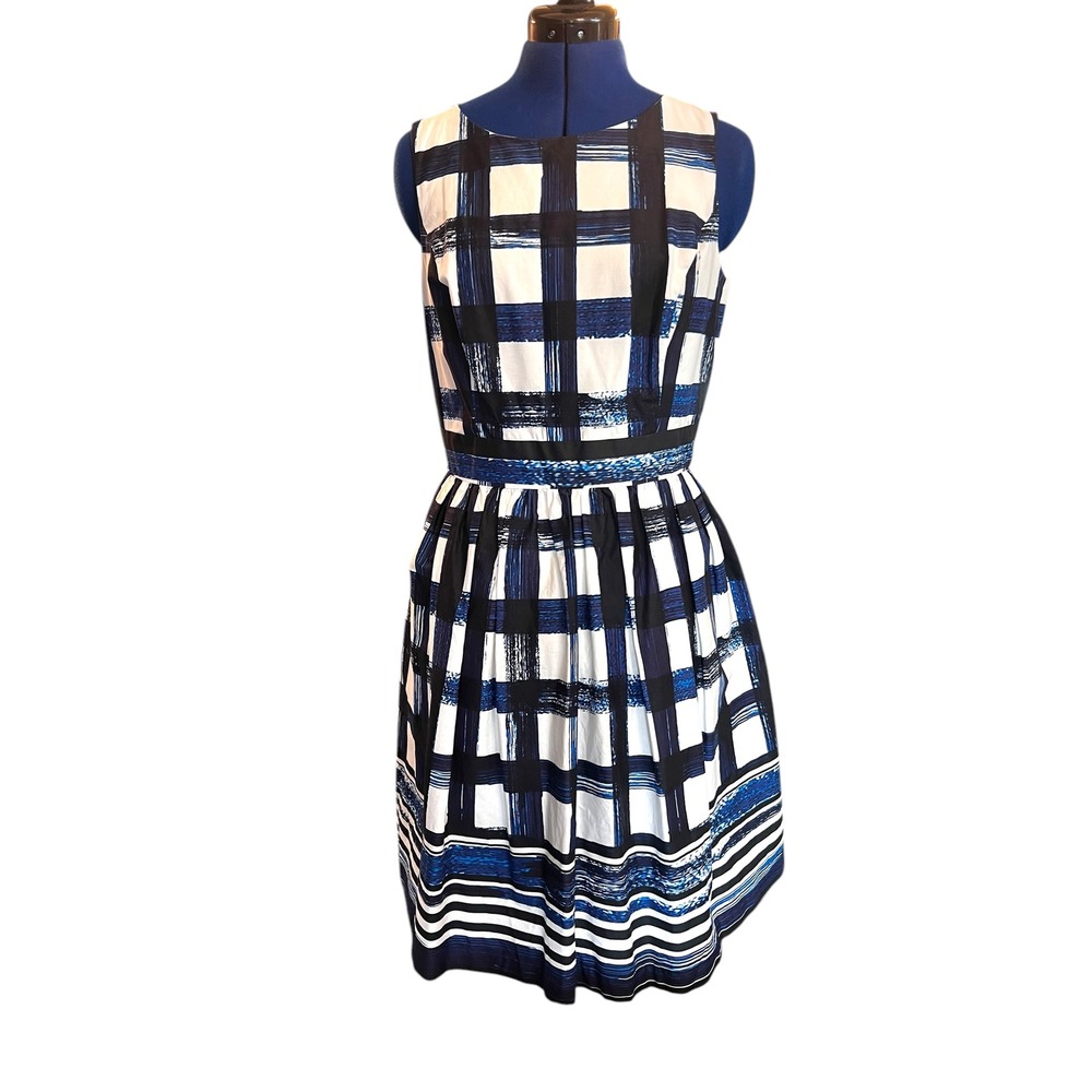 Eliza J Fit & Flare Dress Blue Plaid Print Sleeveless Party Cocktail‎ Size 8